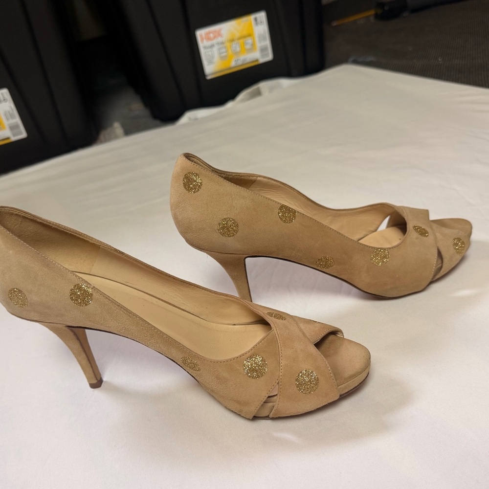 Kate Spade Tan Heels with Gold Polka Dots